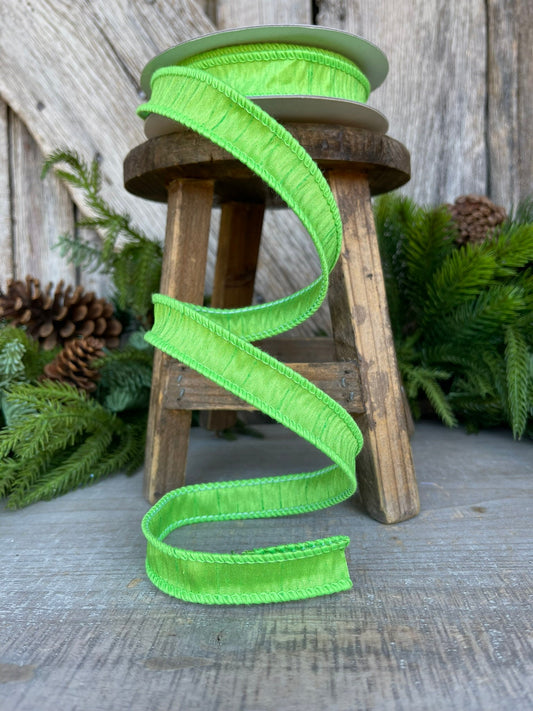 7/8" Lime Green Dupioni Ribbon, Wired Ribbon, Narrow Ribbon