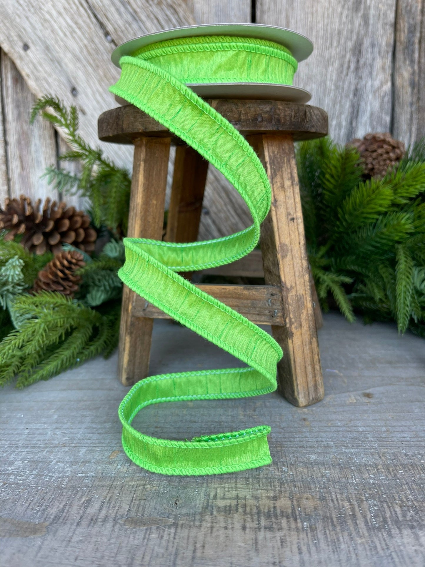 7/8" Lime Green Dupioni Ribbon, Wired Ribbon, Narrow Ribbon