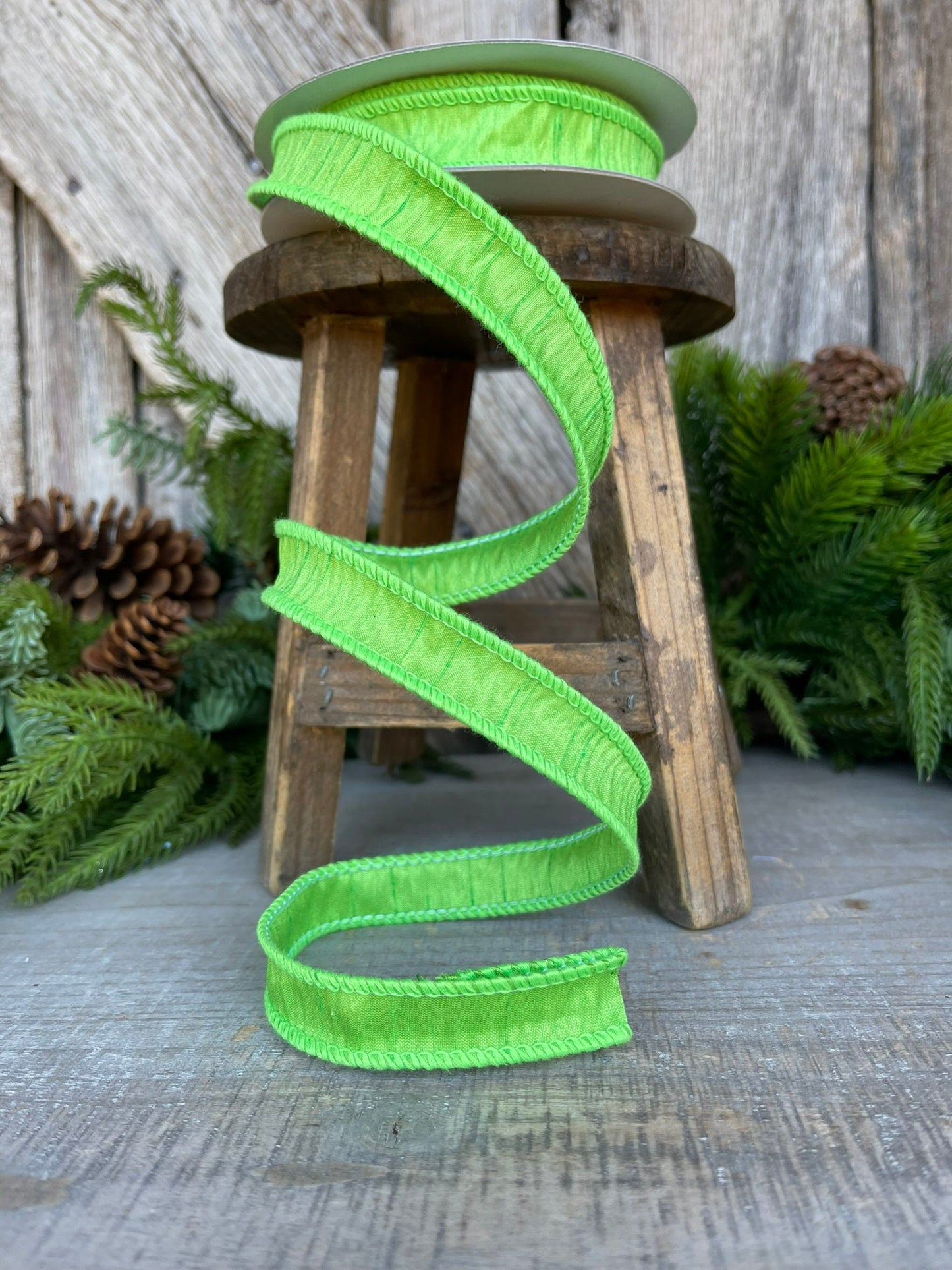 7/8" Lime Green Dupioni Ribbon, Wired Ribbon, Narrow Ribbon