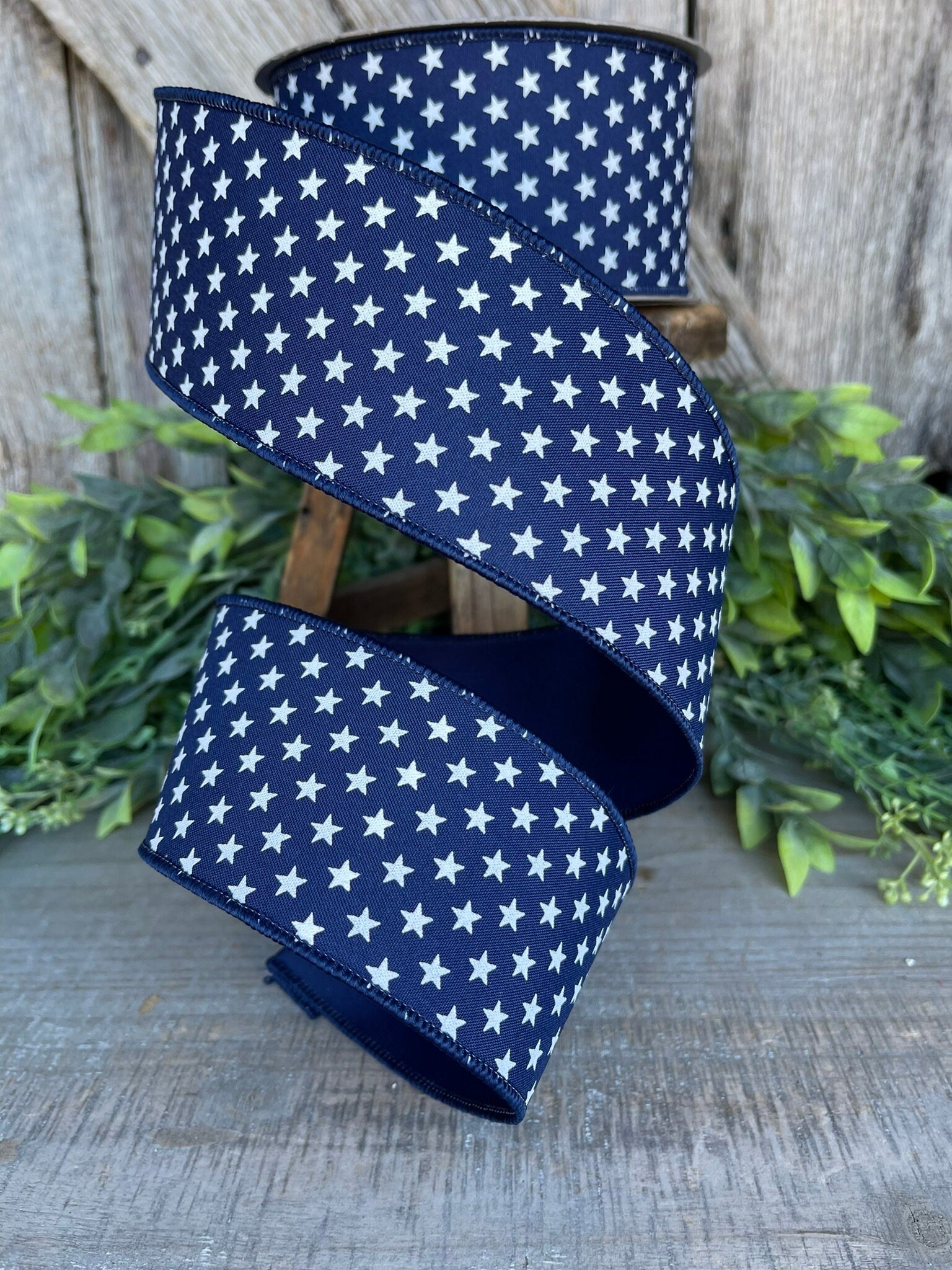 2.5" Blue Stars Wired RIbbon, Farrisilk Ribbon