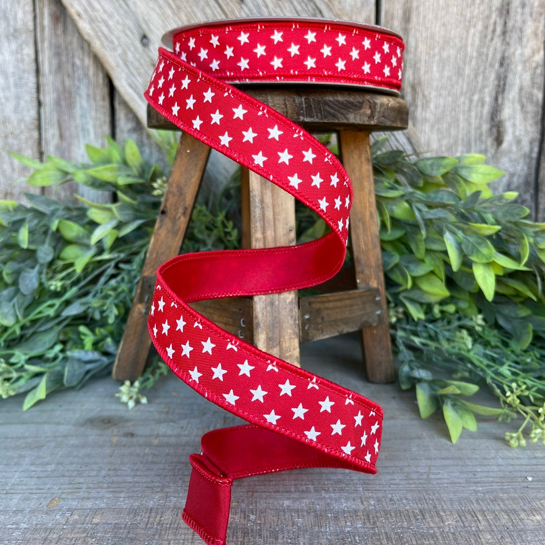 1" Red Stars Wired RIbbon, Farrisilk Ribbon, Designer Ribbon