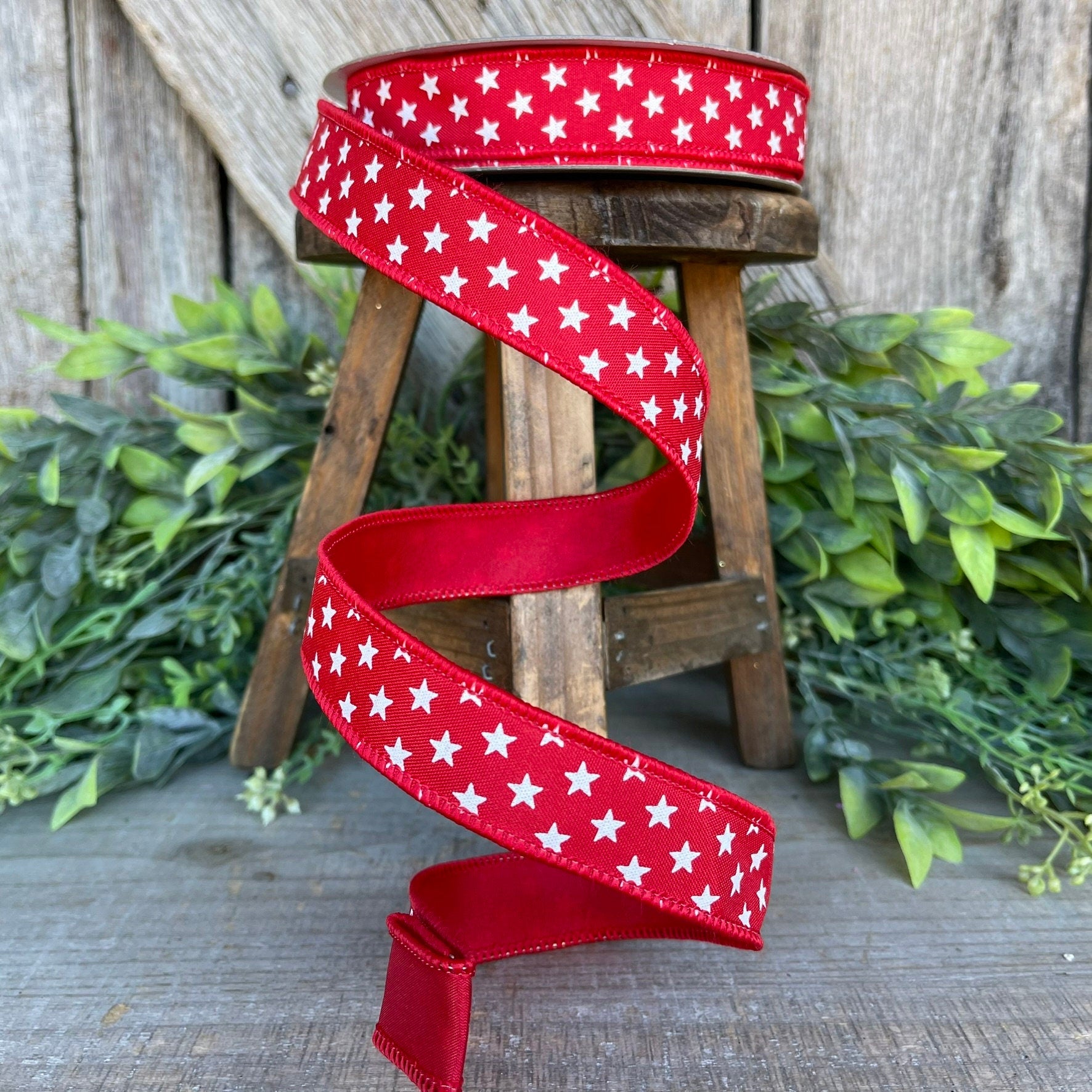 1" Red Stars Wired RIbbon, Farrisilk Ribbon