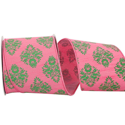 4" Pink Green Florence Ribbon, Wired RIbbon, Spring Ribbon