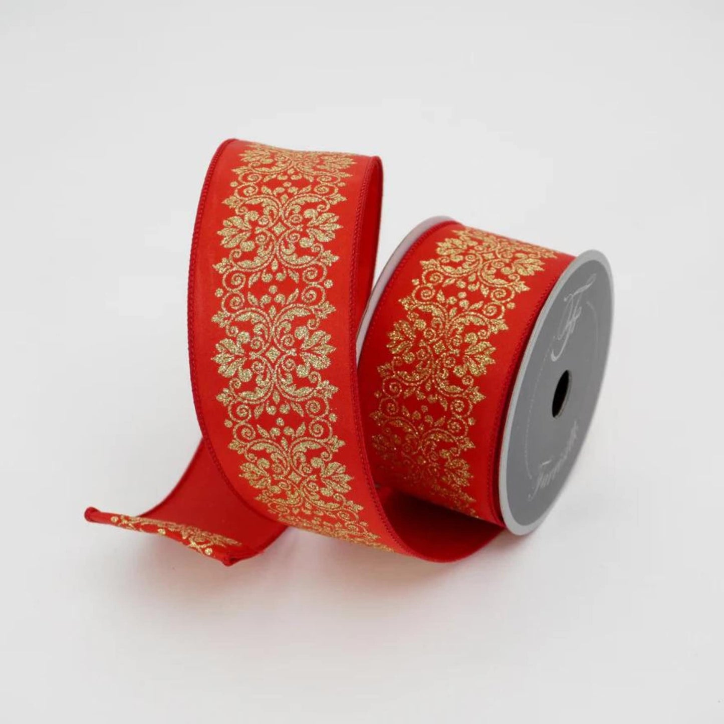 2.5" Farrisilk Red and Gold Kingston Manor Wired Ribbon, Red Gold Christmas Ribbon, Ribbon for Christmas Tree