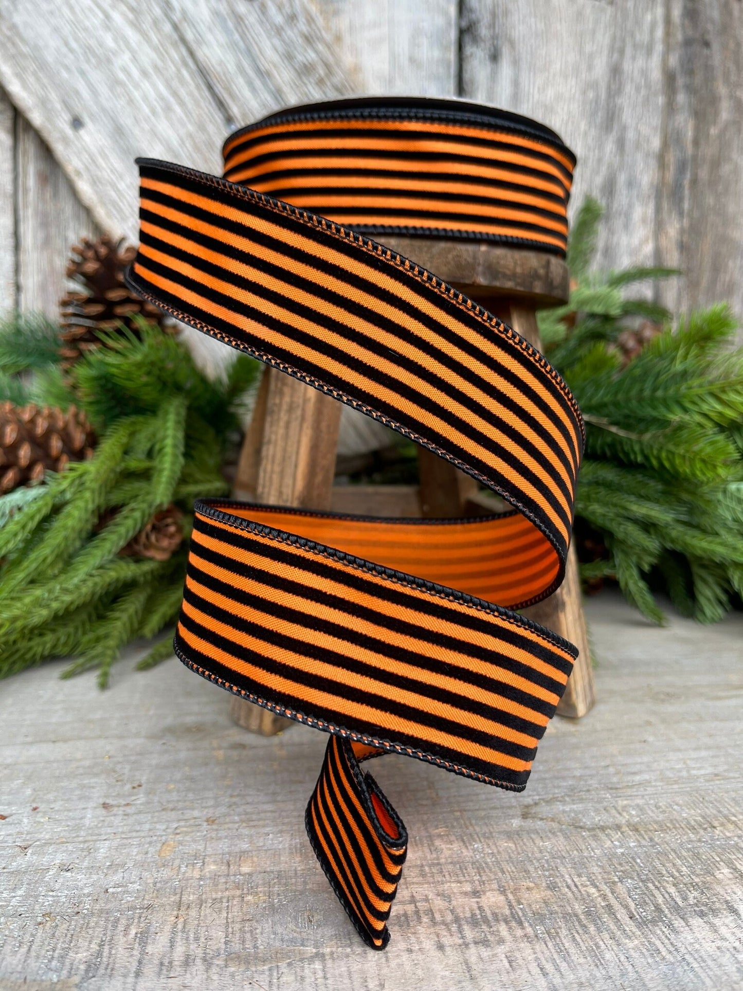 1.5" Orange Black Sinister Stripes Wired Ribbon, Farrisilk Ribbon, Designer Ribbon