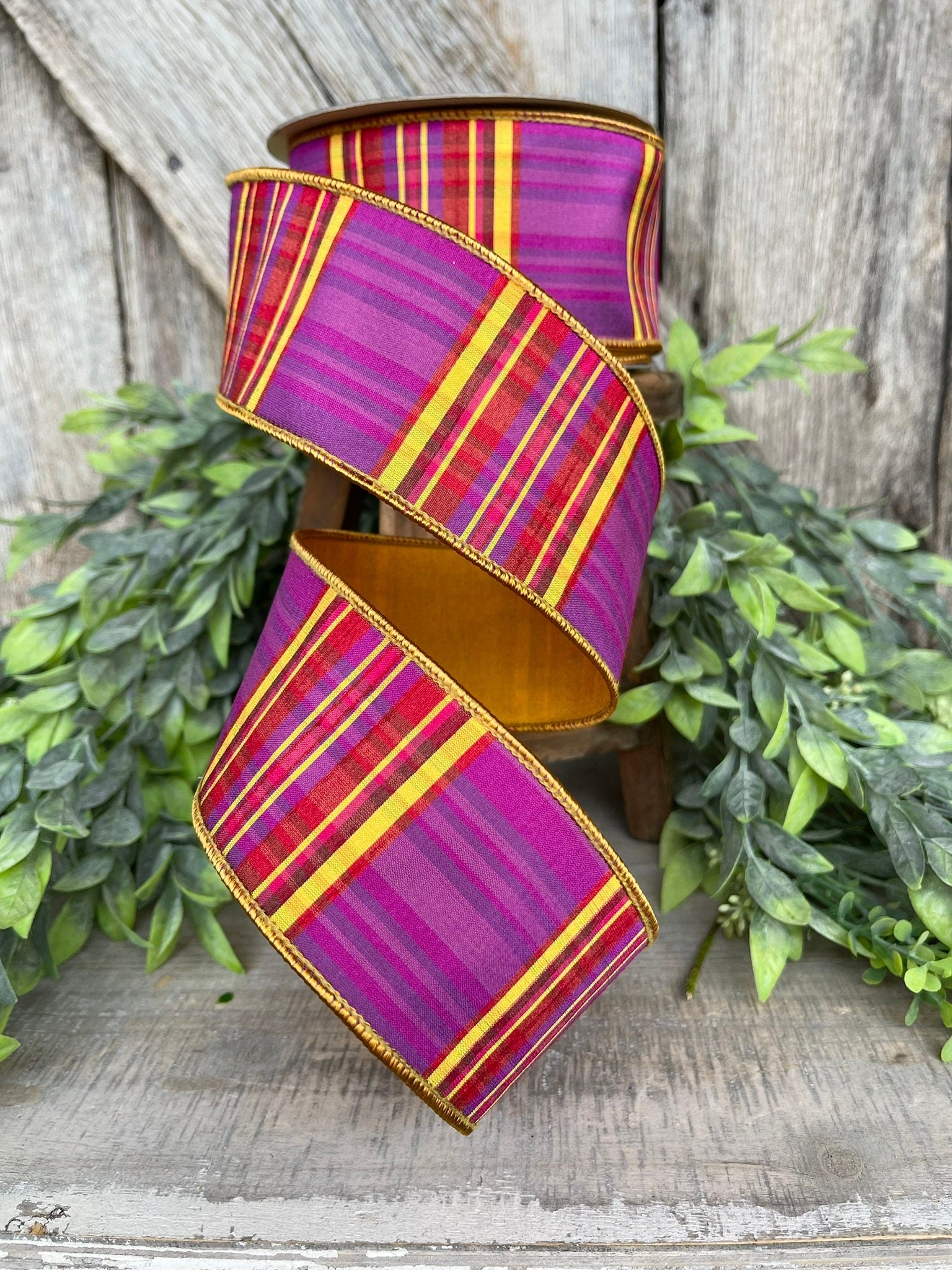 2.5" Candy Corn Plaid, Farrisilk Ribbon, Fall Ribbon