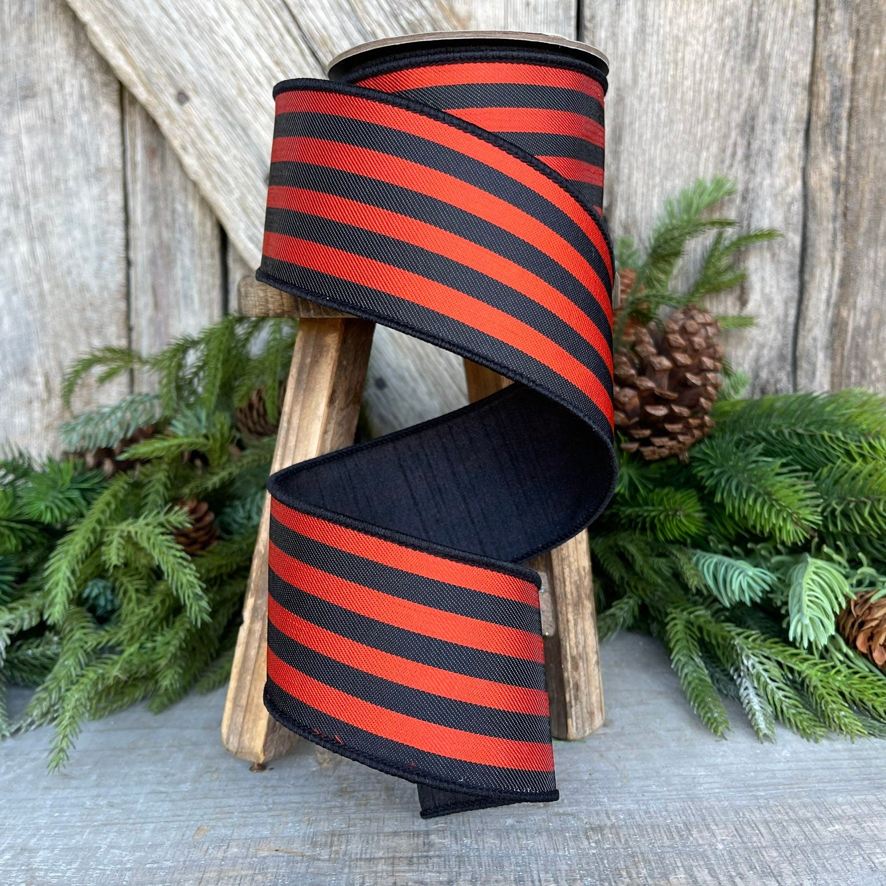 2.5" Orange Black Striped Wired Ribbon, Designer Ribbon