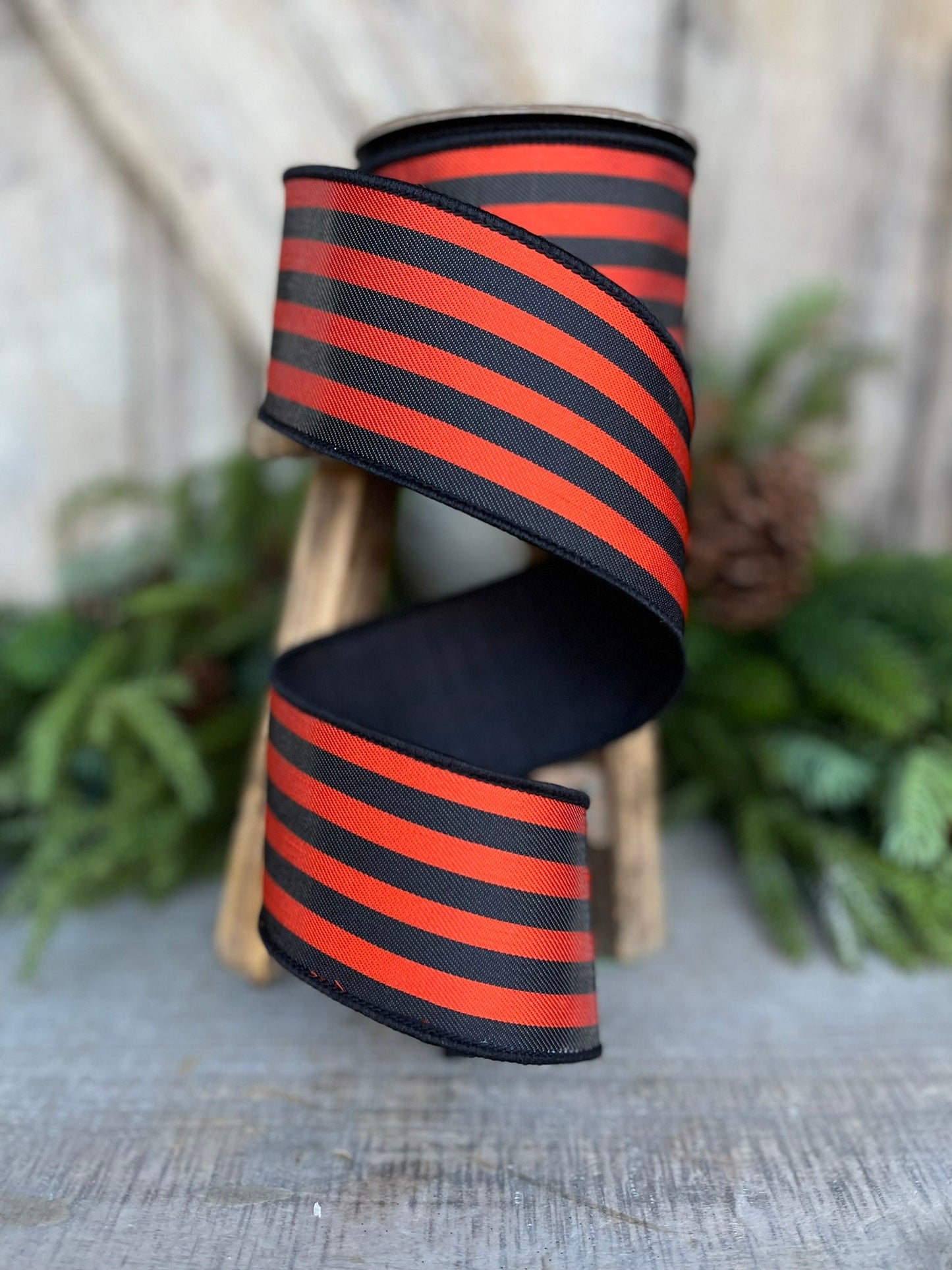 2.5" Orange Black Striped Wired Ribbon, Designer Ribbon