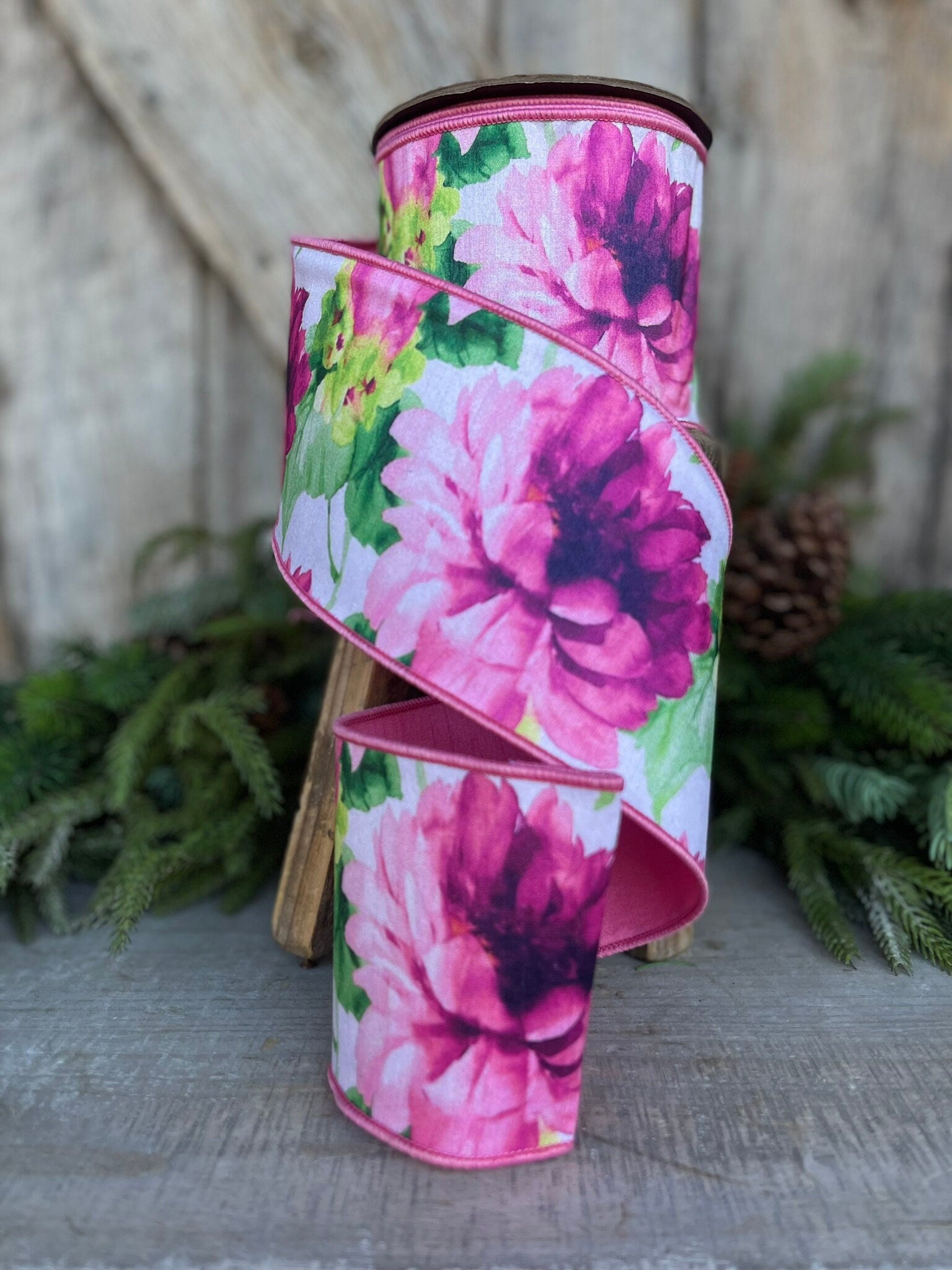 4" Pink Vibrant Peonies Ribbon, D. Stevens Ribbon, Floral Ribbon