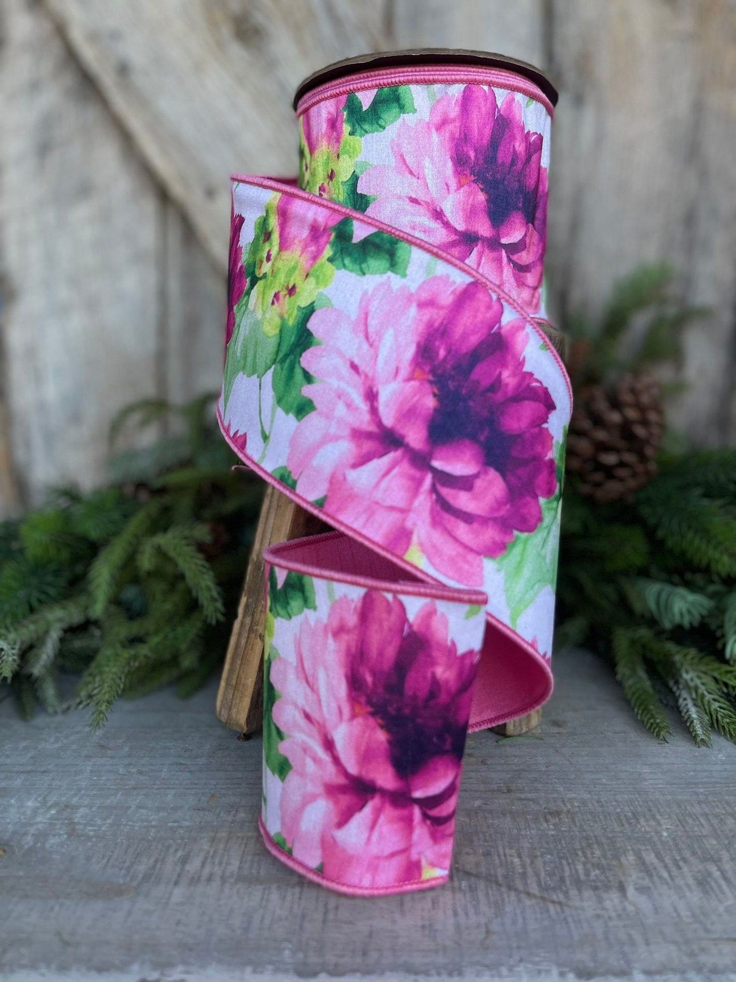 4" Pink Vibrant Peonies Ribbon, D. Stevens Ribbon, Floral Ribbon