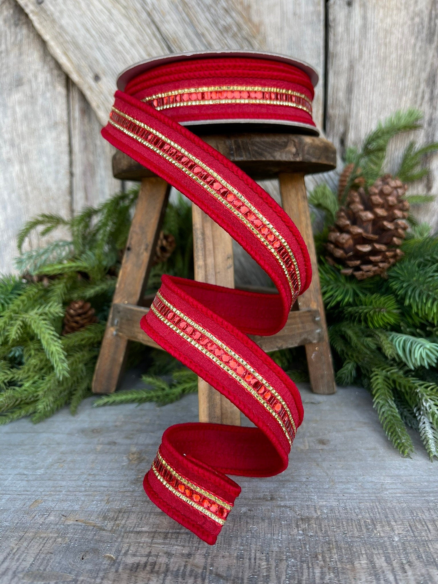 1" REd Twinkle Trim Ribbon, Farrisilk ribbon, REd Jeweled RIbbon, Red Ribbon, Red Christmas Ribbon, Designer RIbbon, RK756-02