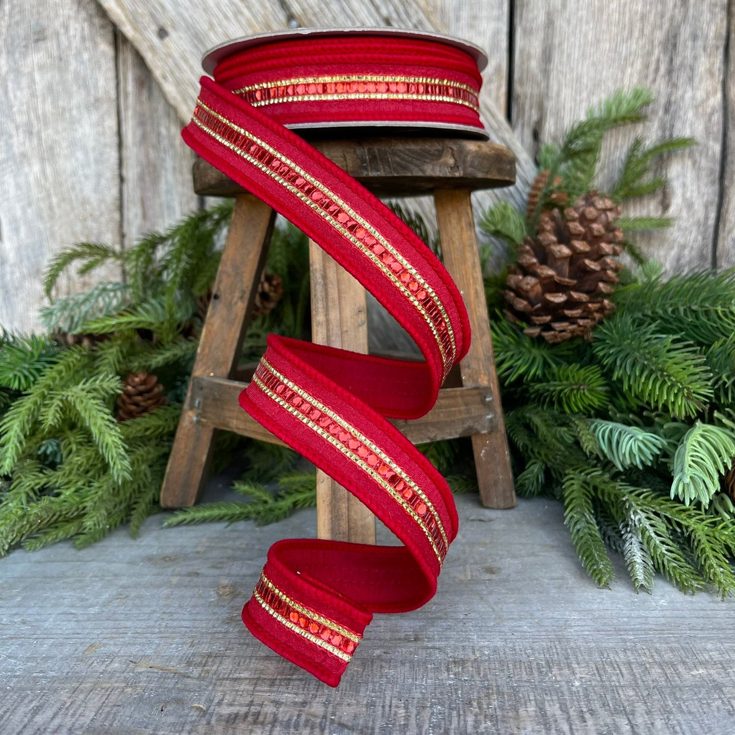 1" REd Twinkle Trim Ribbon, Farrisilk ribbon, REd Jeweled RIbbon