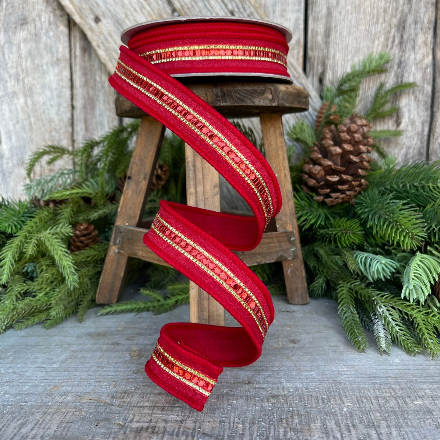 1" REd Twinkle Trim Ribbon, Farrisilk ribbon, REd Jeweled RIbbon, Red Ribbon, Red Christmas Ribbon, Designer RIbbon, RK756-02