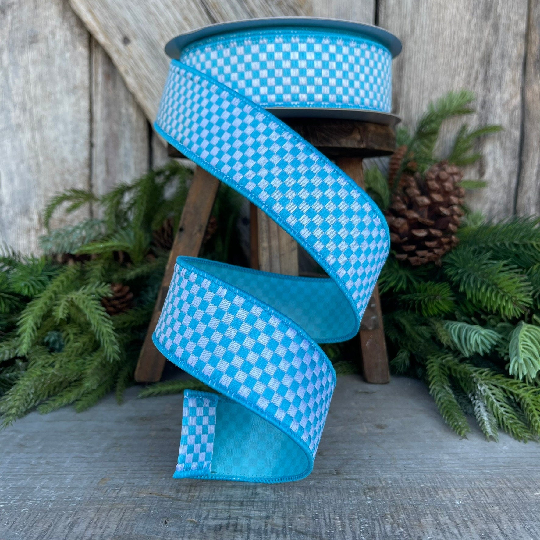 1.5" Turquoise Mini Checks Ribbon, Farrisilk Ribbon, Light Blue Mini Checks Ribbon