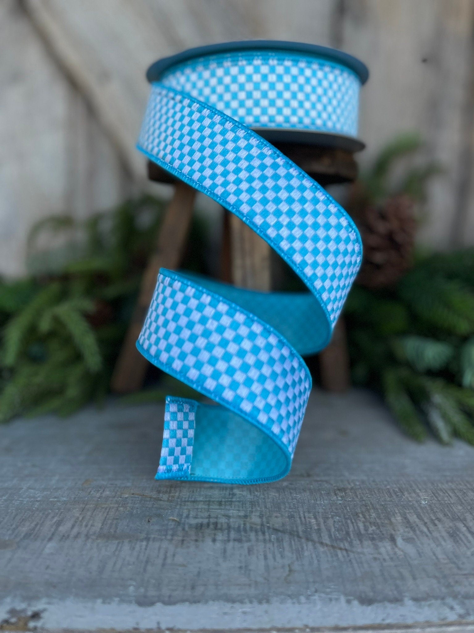 1.5" Turquoise Mini Checks Ribbon, Farrisilk Ribbon, Light Blue Mini Checks Ribbon