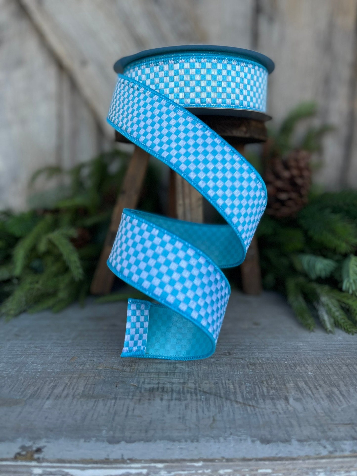 1.5" Turquoise Mini Checks Ribbon, Farrisilk Ribbon, Light Blue Mini Checks Ribbon