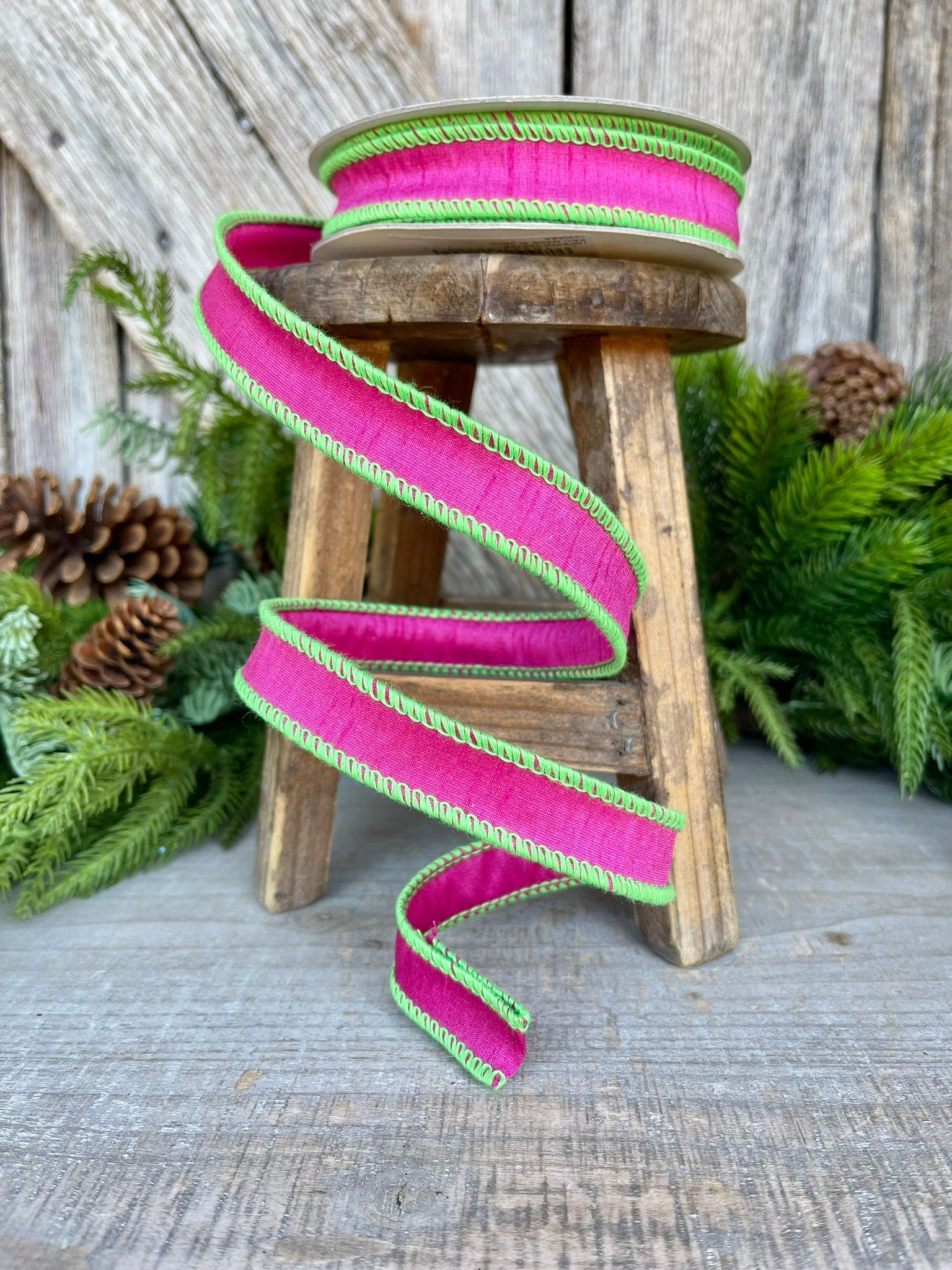 1" Hot Pink Lime Green Cord Ribbon, Hot Pink Ribbon, Narrow Ribbon, Wired RIbbon, Designer Ribbon,Spring RIbbon