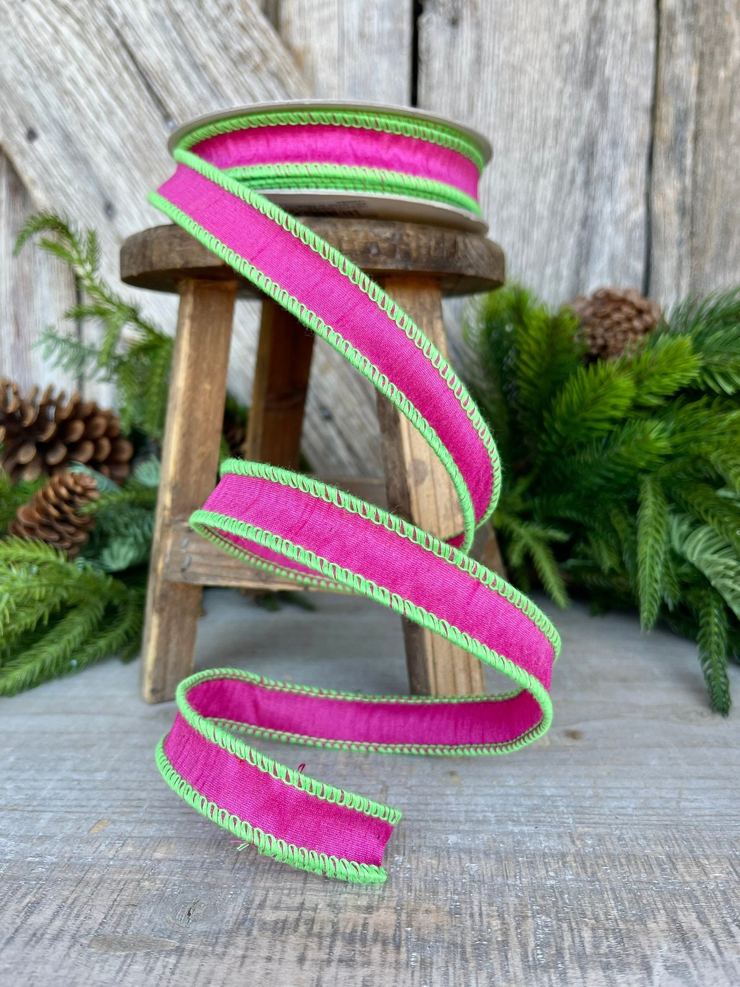 1" Hot Pink Lime Green Cord Ribbon, Hot Pink Ribbon, Narrow Ribbon, Wired RIbbon, Designer Ribbon,Spring RIbbon