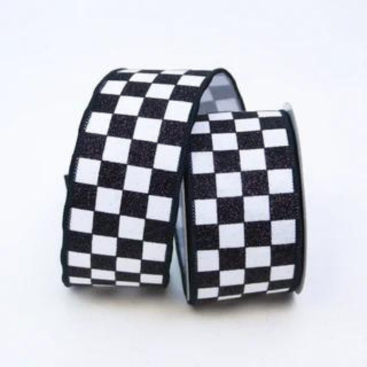 2.5" Black White Glitter Check Ribbon, Farrisilk Ribbon