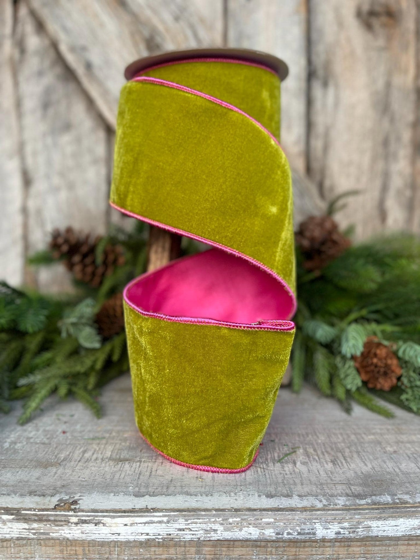 4" Lime Green and Pink Velvet Ribbon, Velvet Ribbon, Wired Ribbon, Pink Ribbon, Christmas Ribbon, 2 tone ribbon