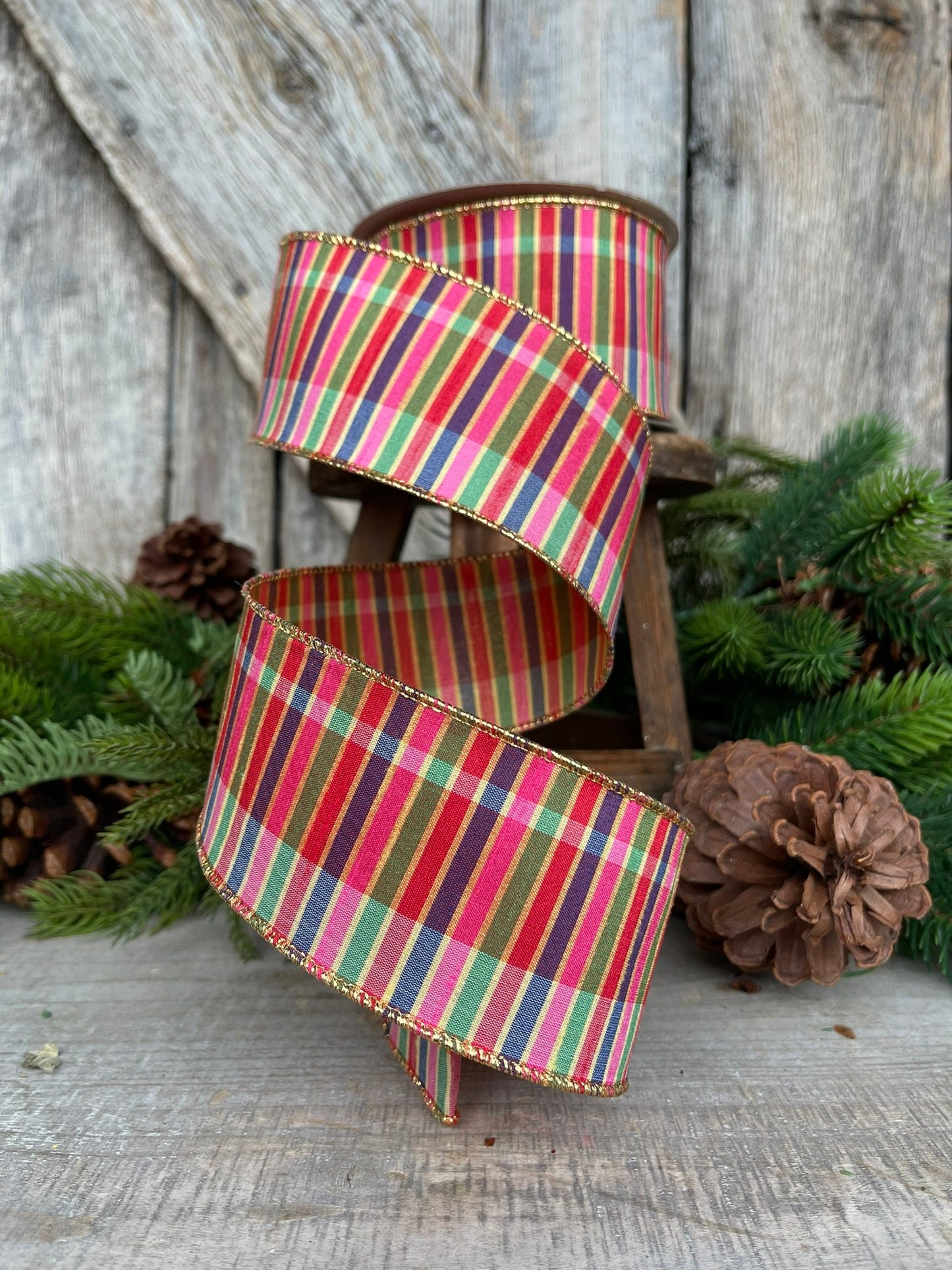 2.5" Cambridge Stripes Wired RIbbon, Multi Colored Ribbon, Farisilk Ribbon