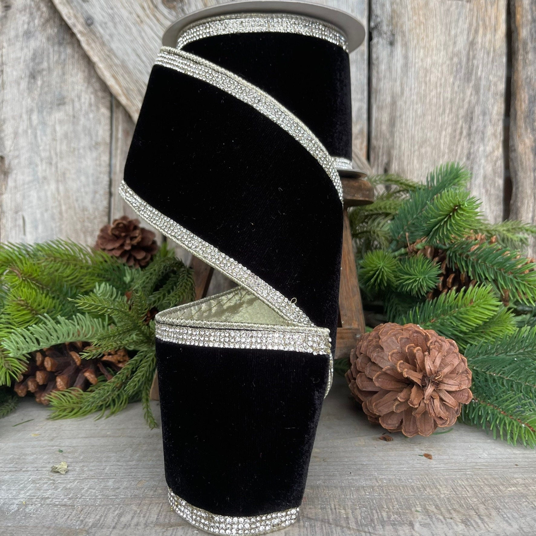 4" Black Diamond RIbbon, Farrisilk Ribbon, Black Velvet Ribbon