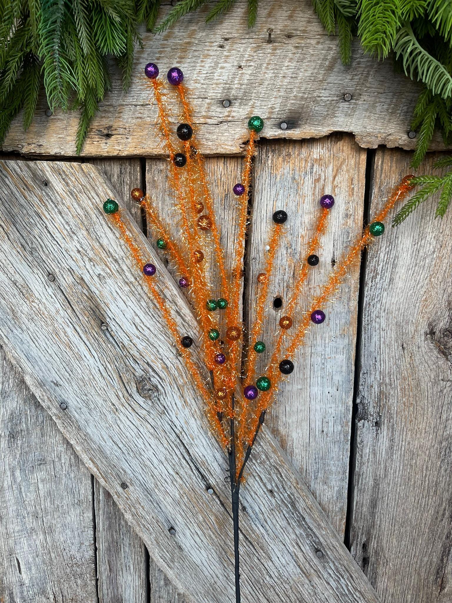 31" Orange Halloween Tinsel Spray, Halloween Picks and Stems, Orange Floral Spray