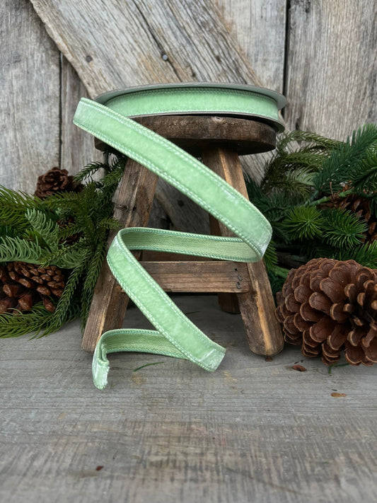 3/4" Mint Green Velvet Ribbon, Farrisilk Shabby Silk