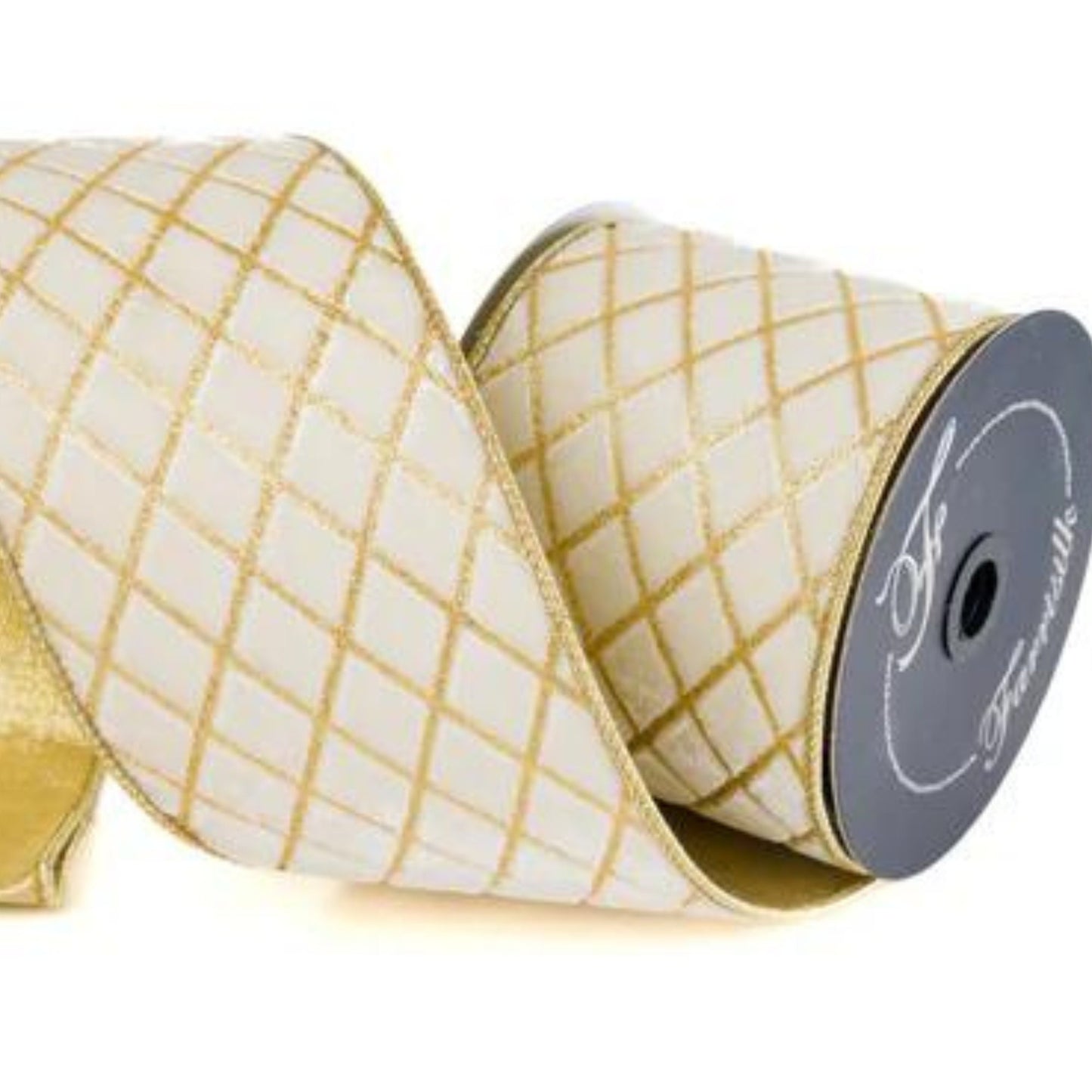 4" Ivory Velvet Metallic Diamonds Ribbon, Farrisilk Ribbon, Ivory and Gold Velvet