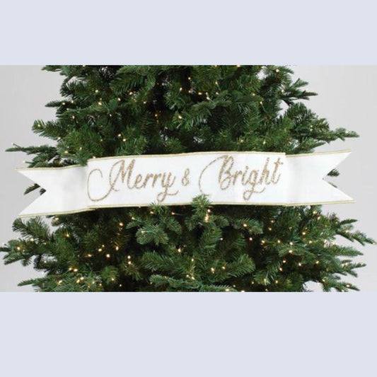 Merry & Bright Banner, Christmas Tree Banner, White Velvet Banner for Tree