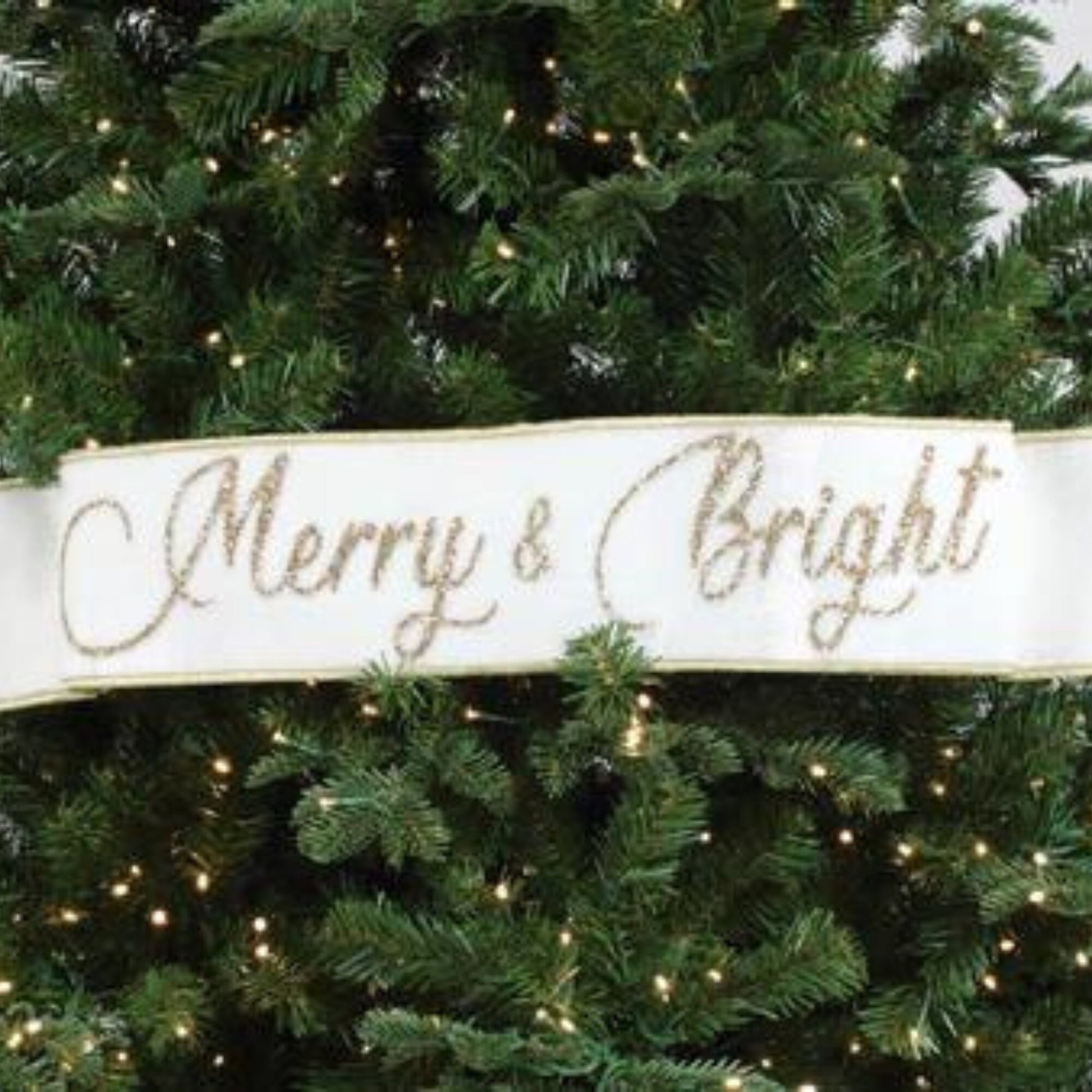 Merry & Bright Banner, Christmas Tree Banner, White Velvet Banner for Tree