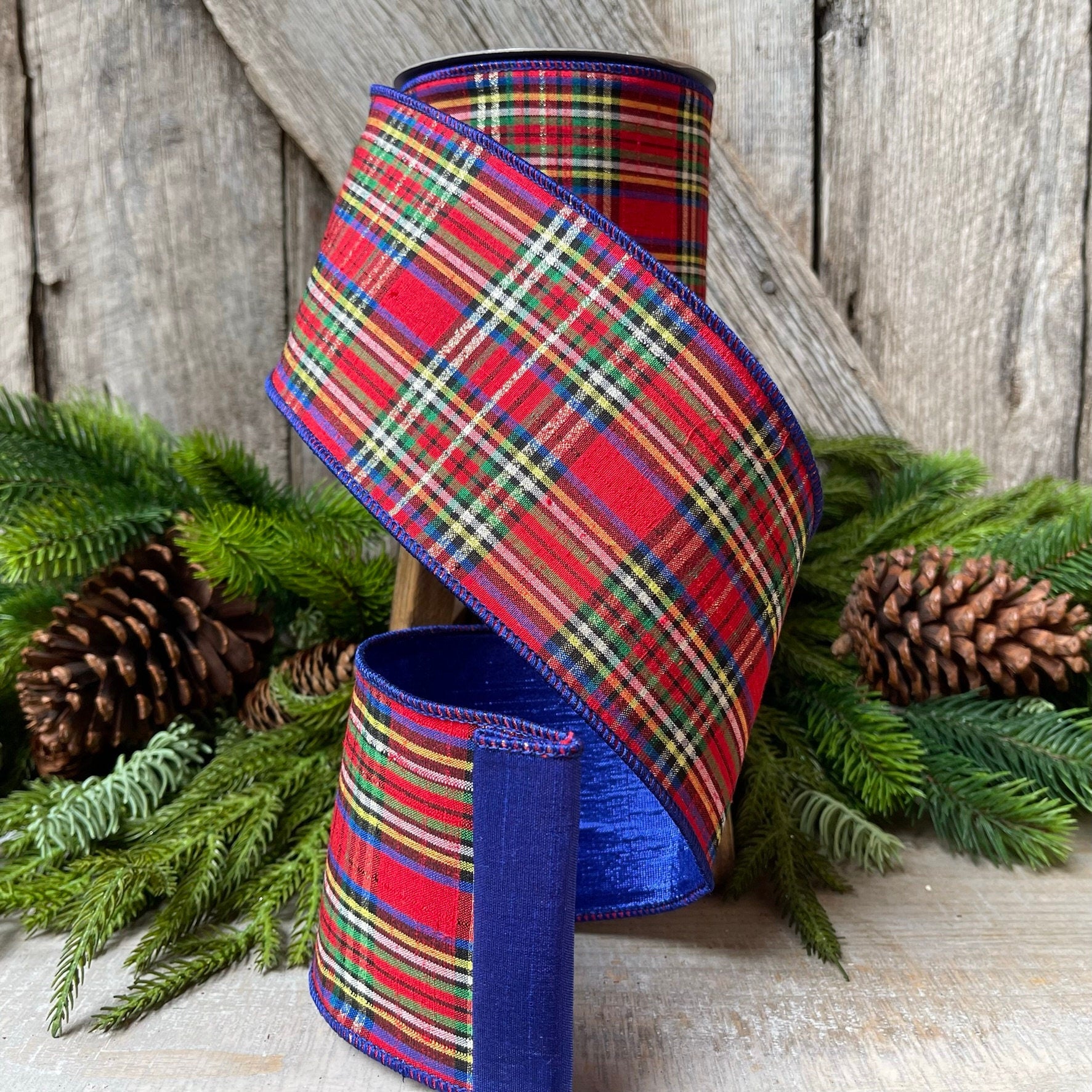 4" Blue Caroler Plaid RIbbon, Farrisilk Ribbon, Plaid RIbbon