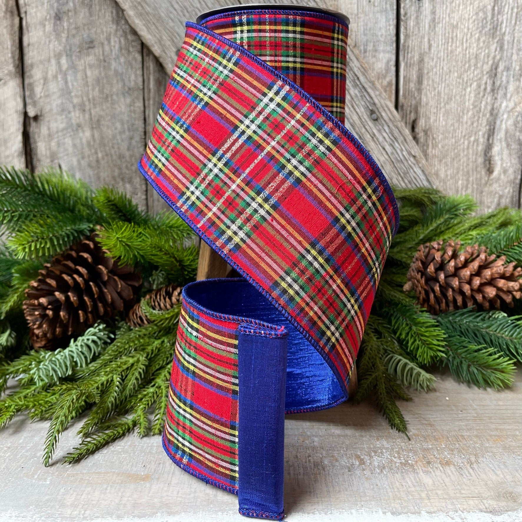 4" Blue Caroler Plaid RIbbon, Farrisilk Ribbon, Plaid RIbbon