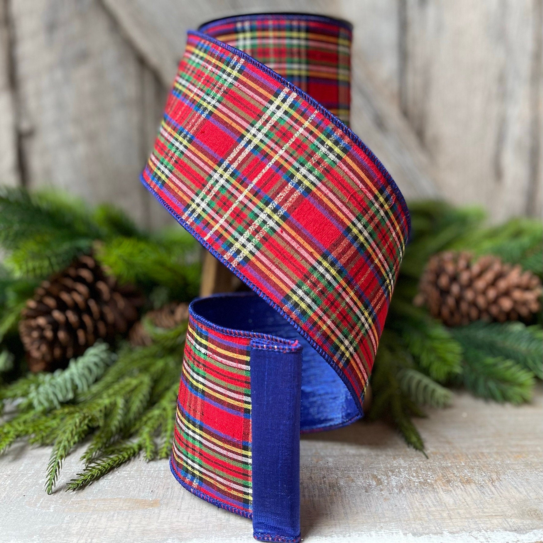 4" Blue Caroler Plaid RIbbon, Farrisilk Ribbon, Plaid RIbbon