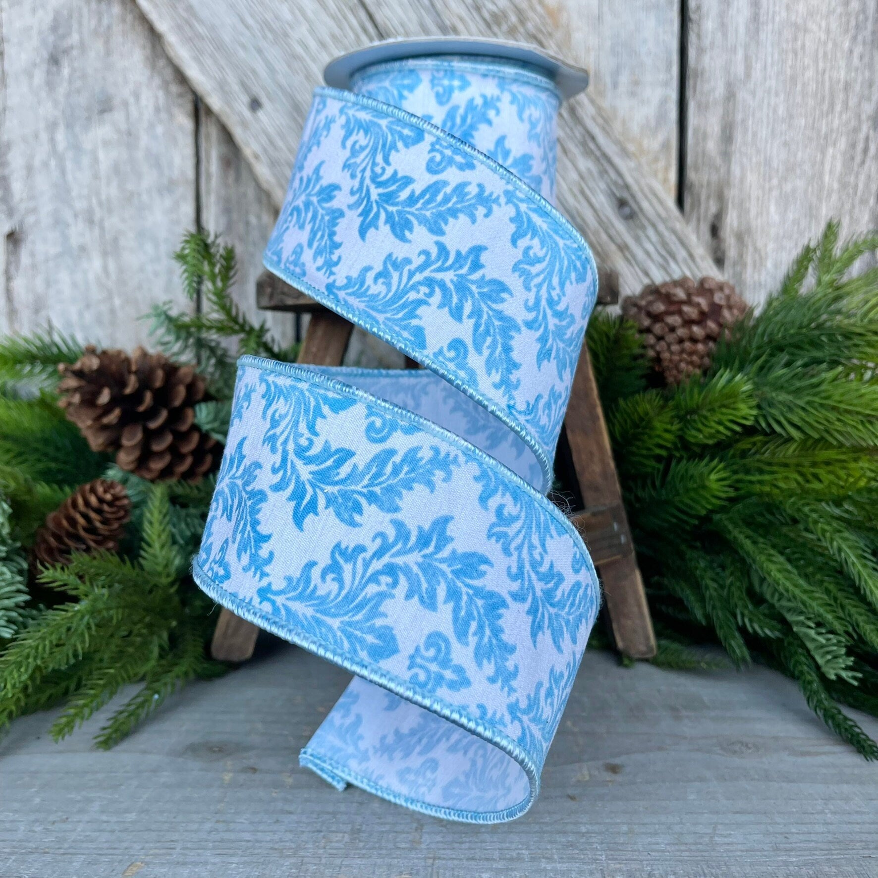 2.5" Blue Scroll Wired Ribbon, Blue and White Ribbon