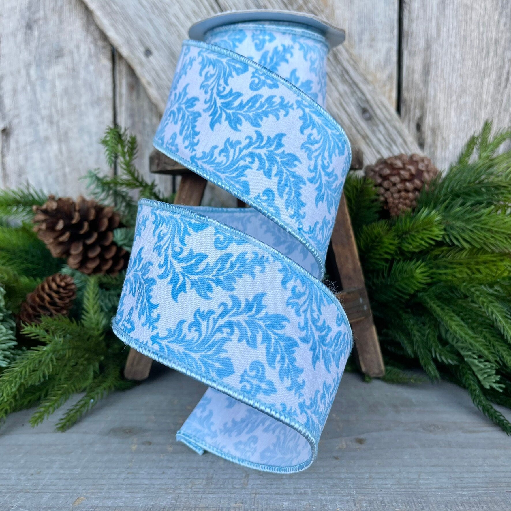 2.5" Blue Scroll Wired Ribbon, Blue and White Ribbon