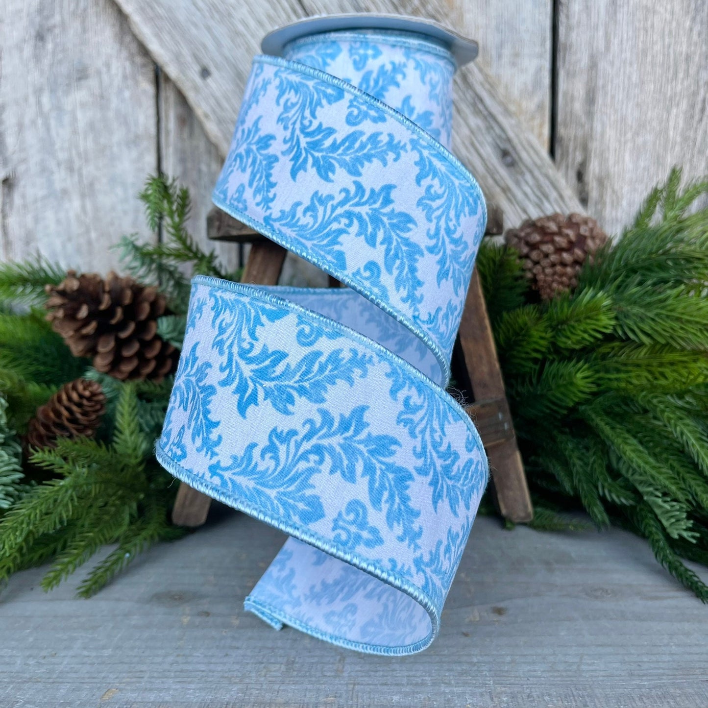 2.5" Blue Scroll Wired Ribbon, Blue and White Ribbon, Christmas RIbbon