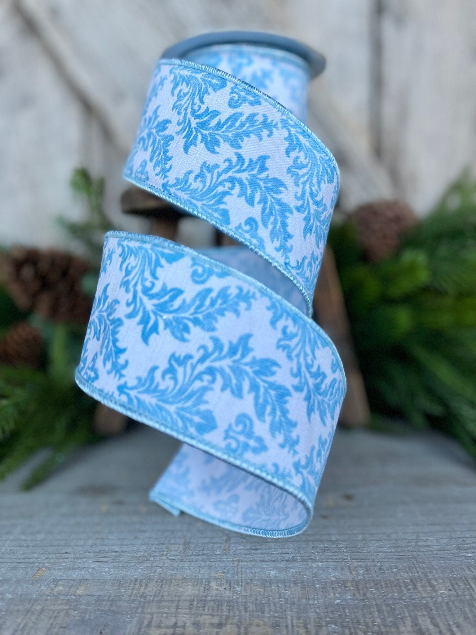 2.5" Blue Scroll Wired Ribbon, Blue and White Ribbon, Christmas RIbbon