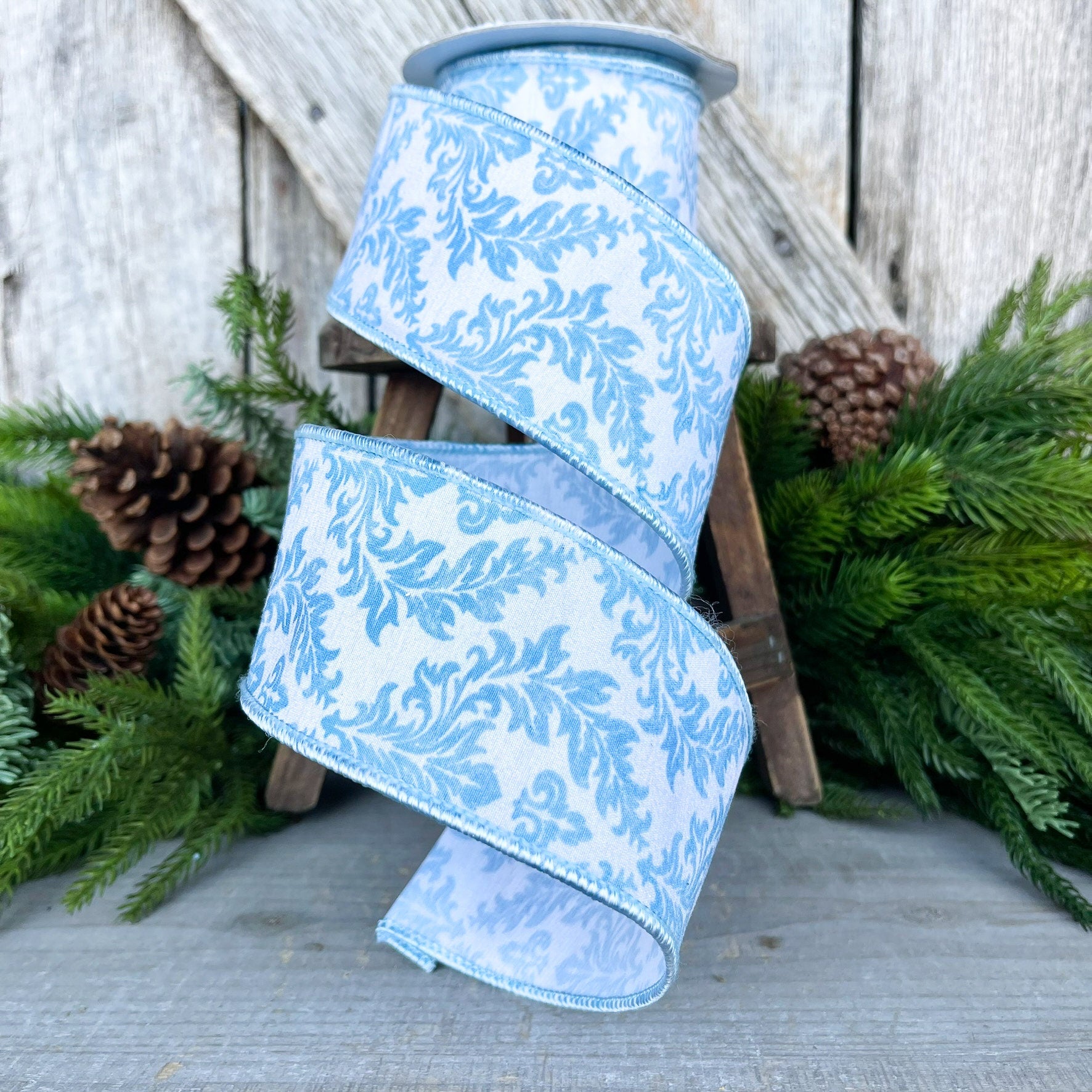 2.5" Blue Scroll Wired Ribbon, Blue and White Ribbon, Christmas RIbbon