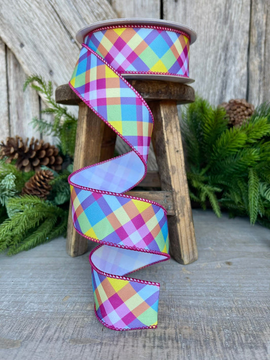 1.5" Bright Pastel Plaid Wired RIbbon, Spring Ribbon, Summer RIbbon