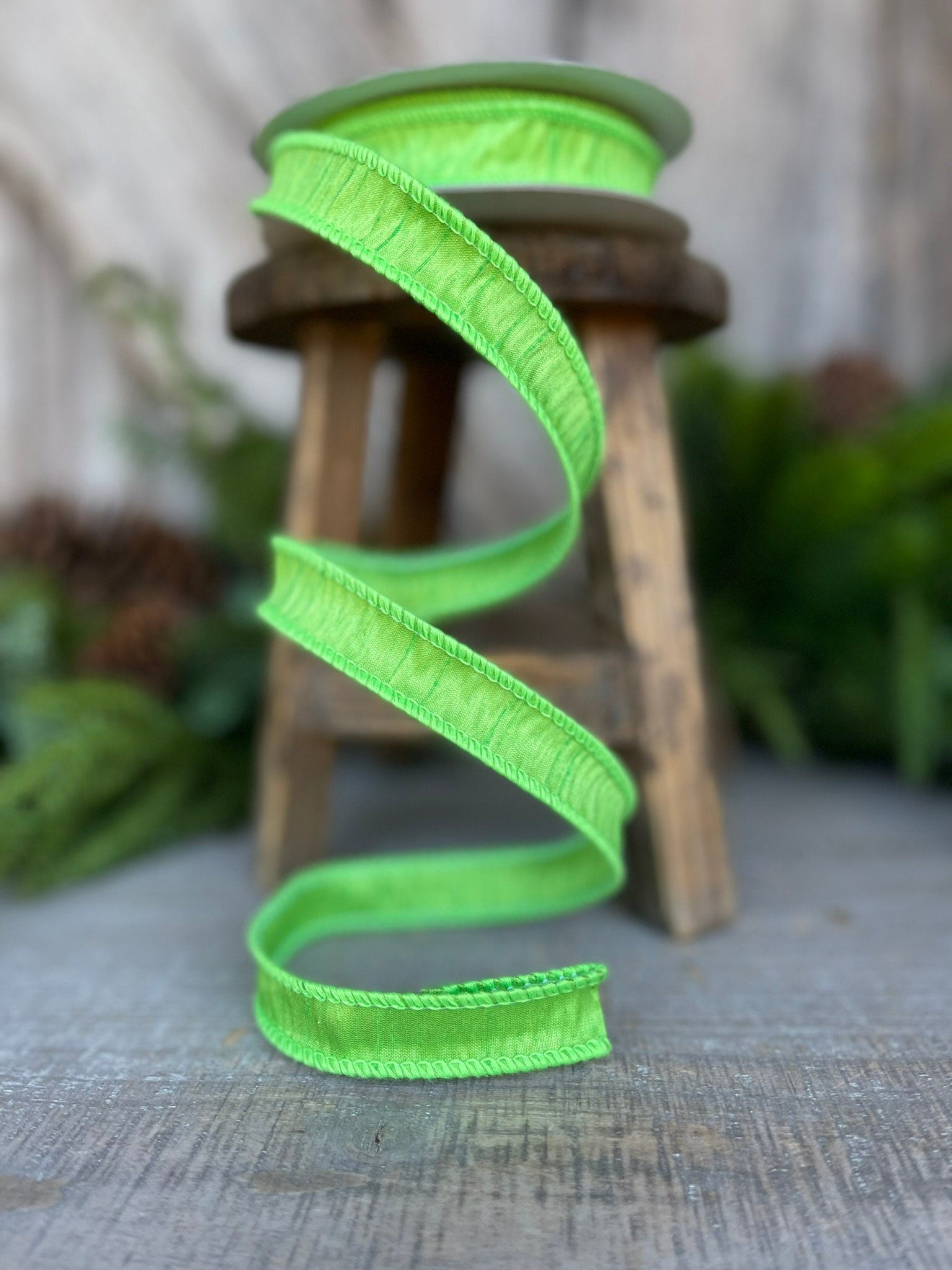 7/8" Lime Green Dupioni Ribbon, Wired Ribbon, Narrow Ribbon