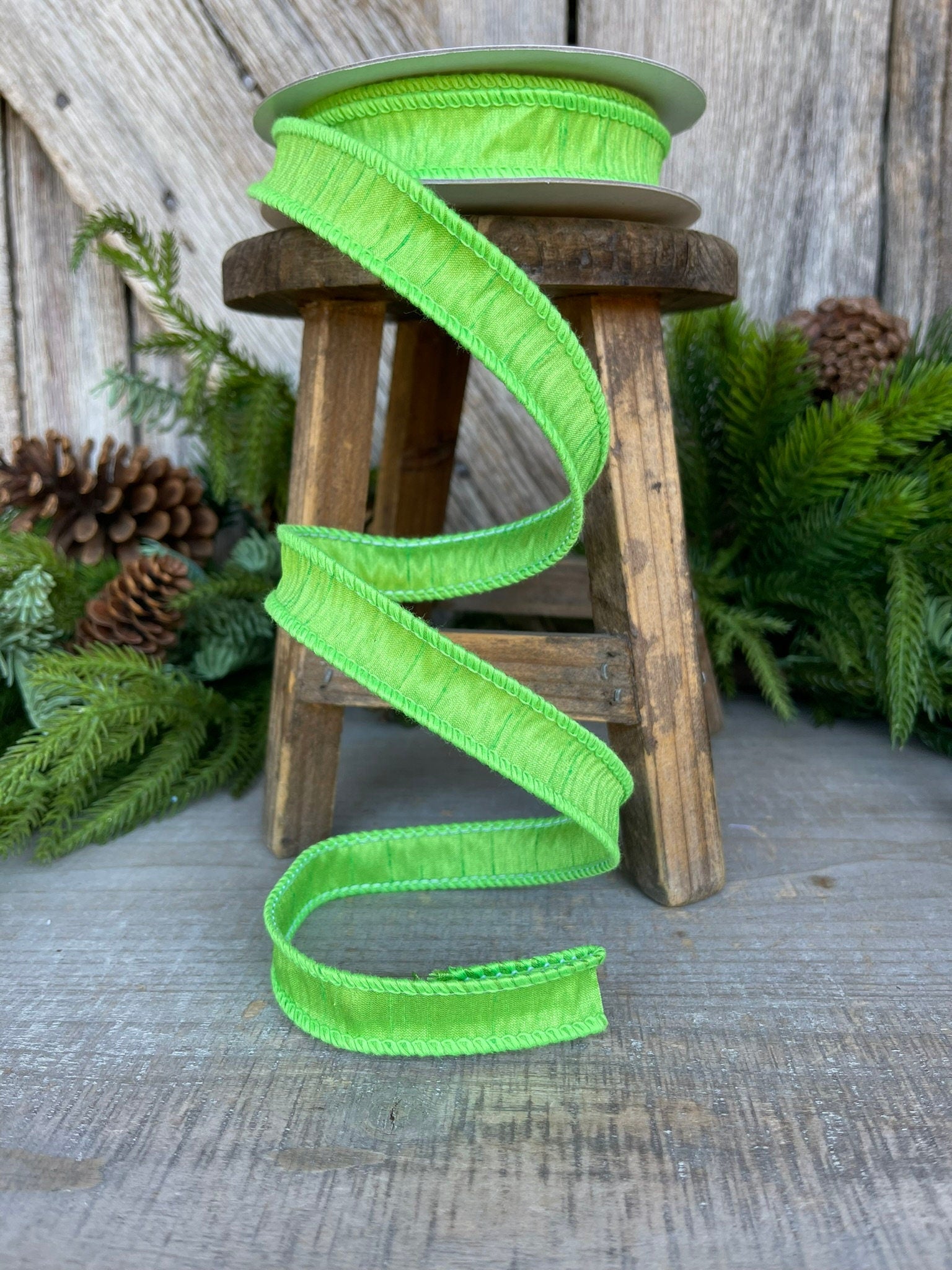 7/8" Lime Green Dupioni Ribbon, Wired Ribbon, Narrow Ribbon