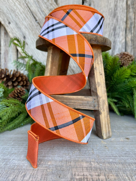 1.5" Halloween Plaid RIbbon, WIred RIbbon, ORange BLack Ribbon