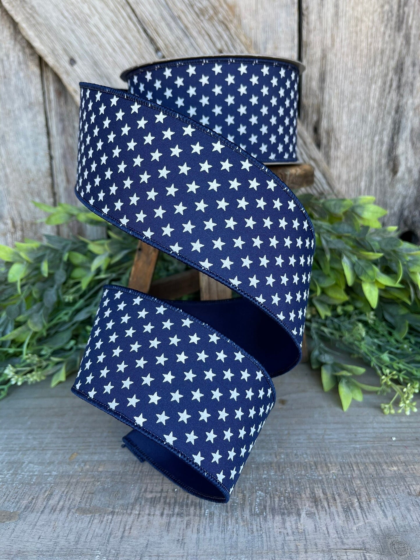 2.5" Blue Stars Wired RIbbon, Farrisilk Ribbon