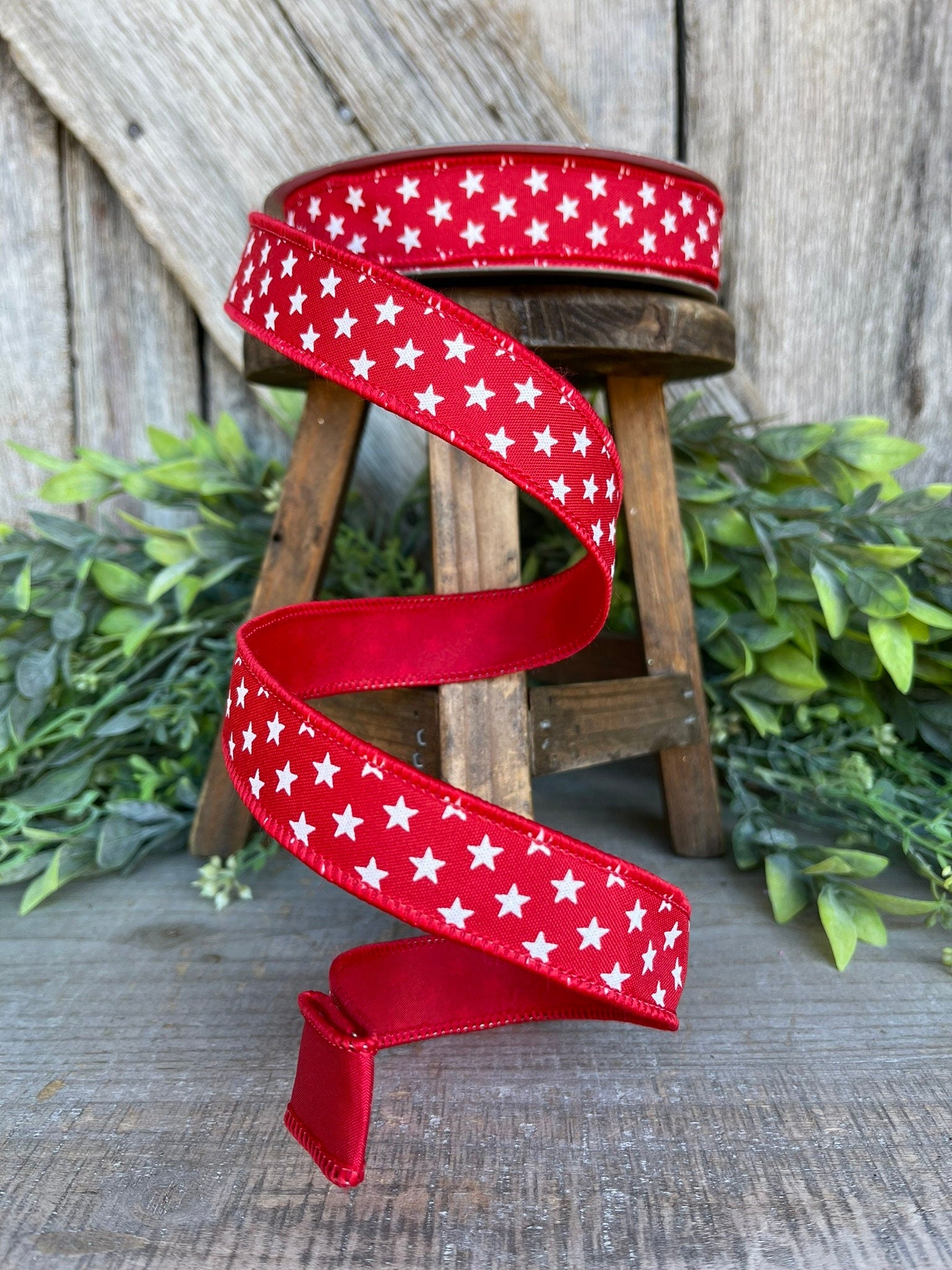 1" Red Stars Wired RIbbon, Farrisilk Ribbon