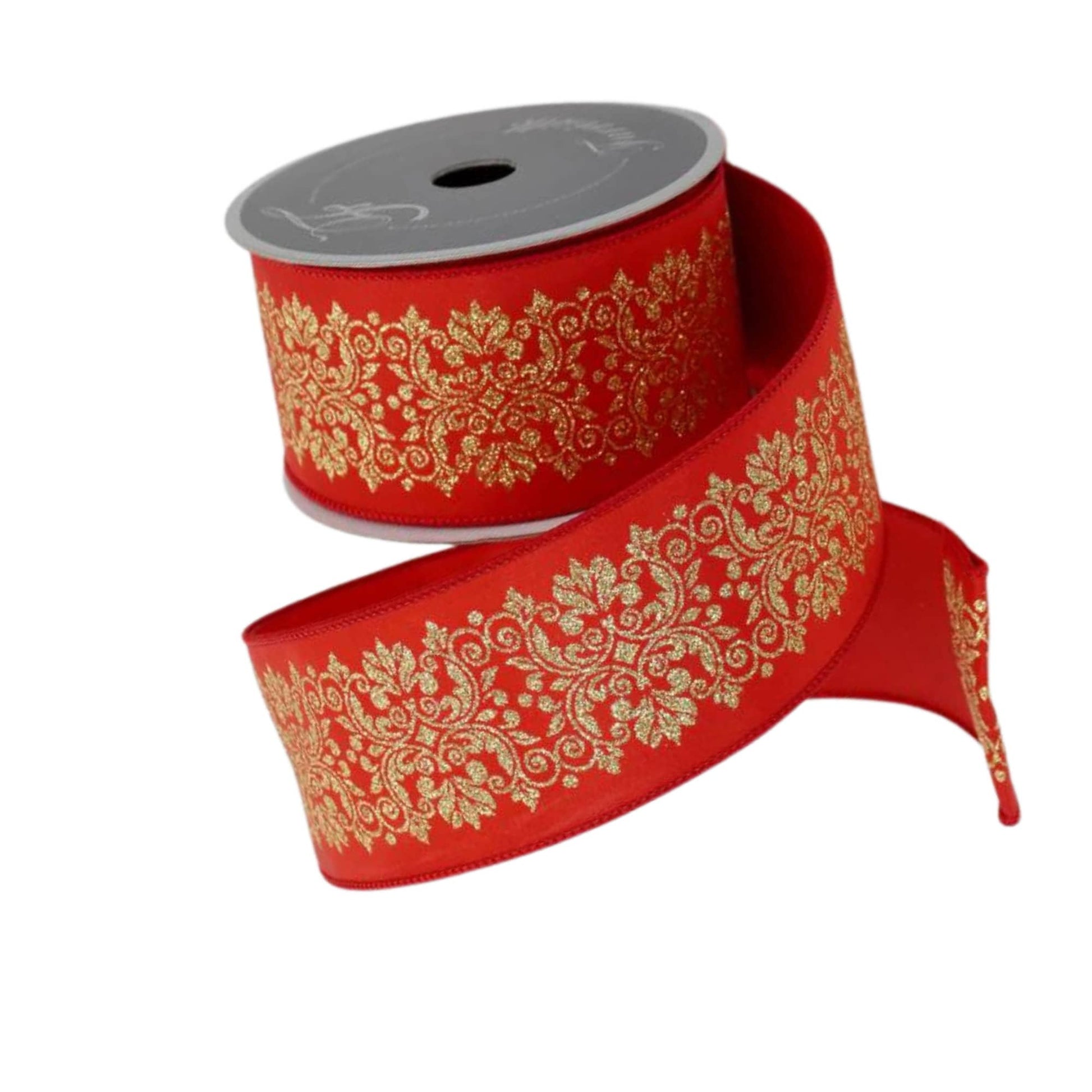 2.5" Farrisilk Red and Gold Kingston Manor Wired Ribbon, Red Gold Christmas Ribbon, Ribbon for Christmas Tree