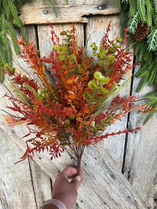 17.5" Fall Greenery Bush, Autum Plastic Greenery Bush, Wreath Filler, Fall bush, orange autumn greenery, wreath supply, Craft Supply, 84341