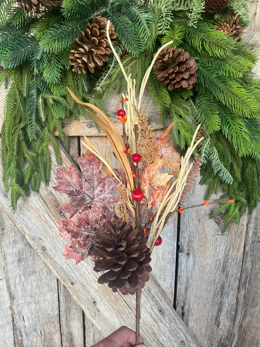 19" Maple Leaf Amaranthus Spray, Fall Leaf Spray, Fall Pinecone Spray, Fall Floral Supply, 64439