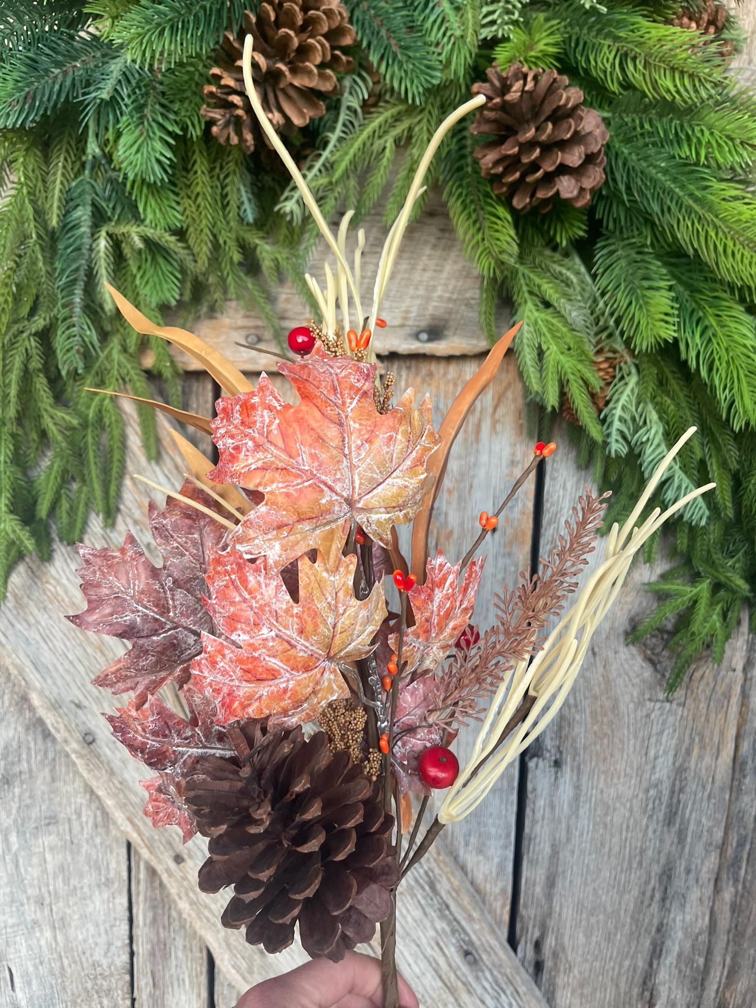 19" Maple Leaf Amaranthus Spray, Fall Leaf Spray, Fall Pinecone Spray, Fall Floral Supply, 64439