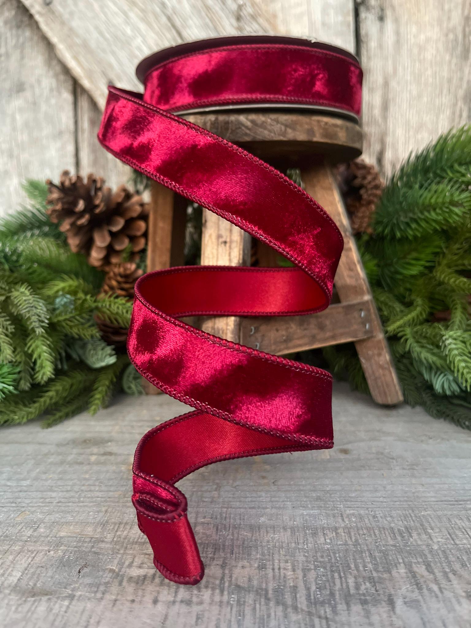 1” Burgundy Silken Velvet Ribbon, Farrisilk ribbon, Velvet ribbon, Christmas Ribbon, Wired Ribbon, maroon velvet, Velvet ribbon,Fall Ribbon